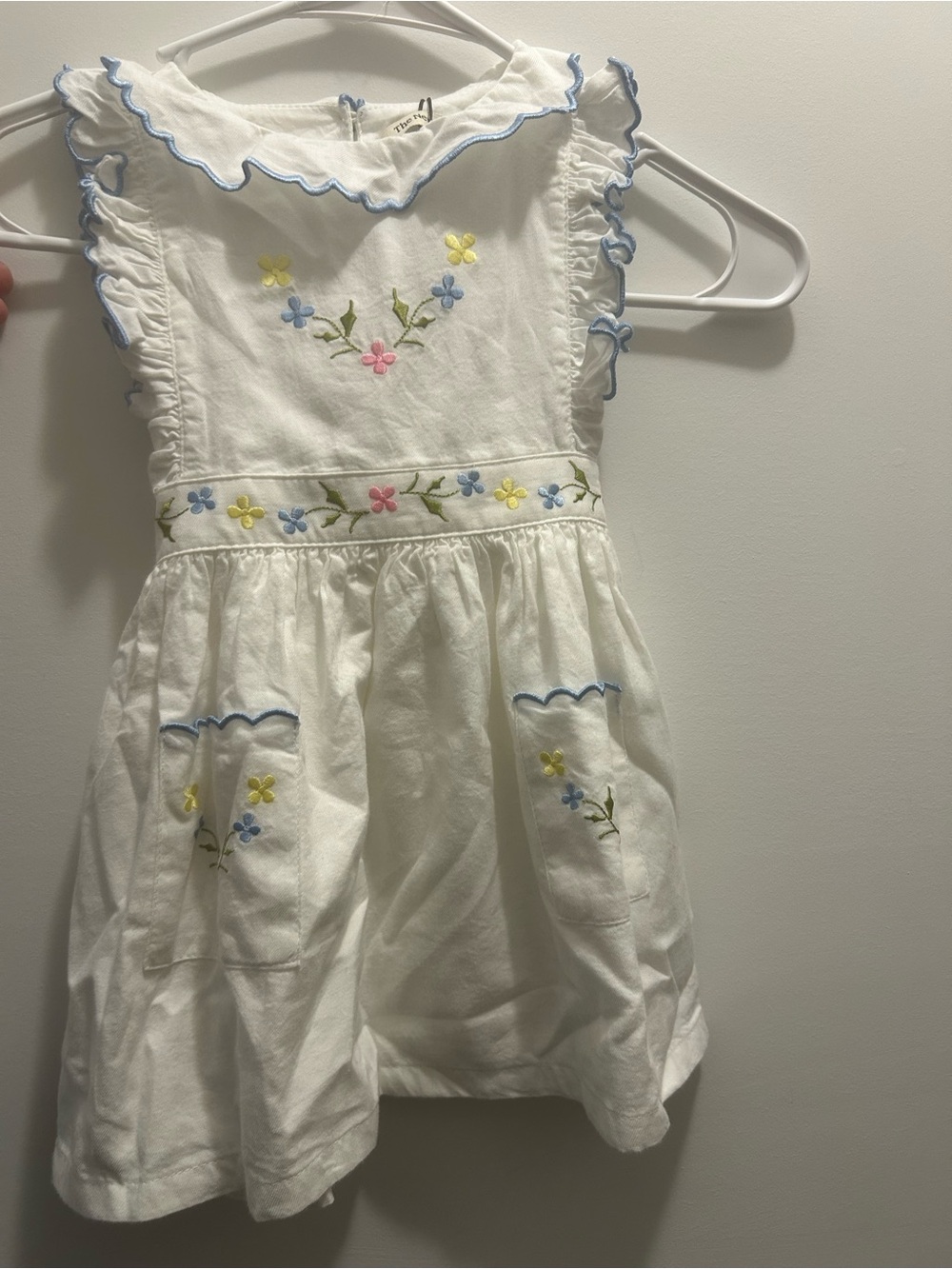 Classic White Embroidered Floral Girls' Dress with Blue Trim